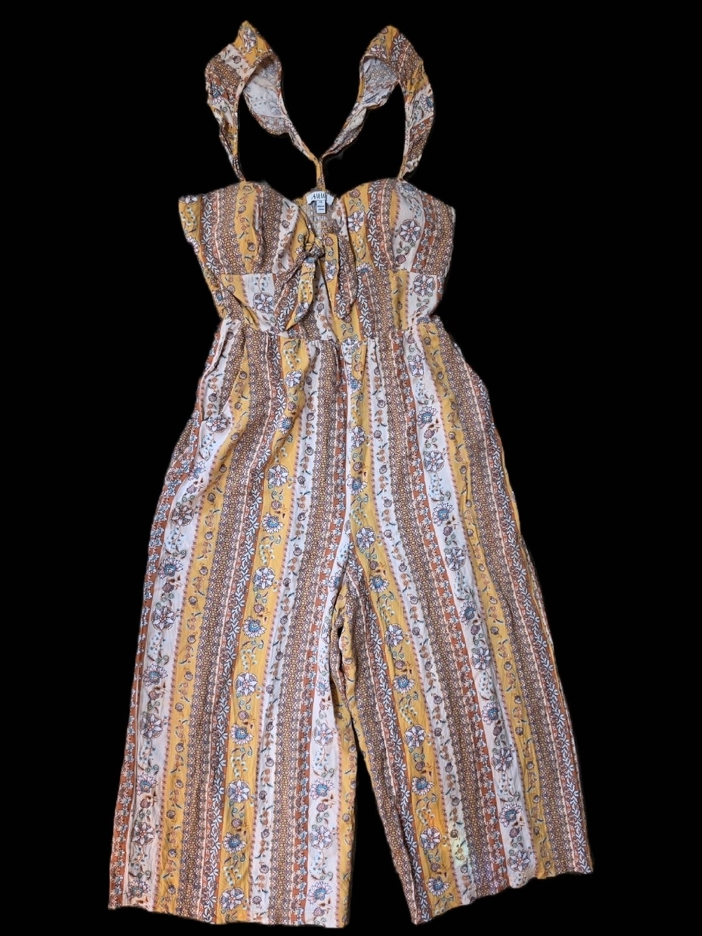 AUW Yellow Striped Floral Tie-Front Wide-Leg Jumpsuit